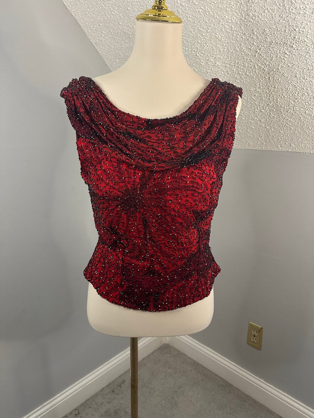 NWT Cache Red Silk Black Bead Embellished Draped Cowl Neckline Fitted Top Sz L